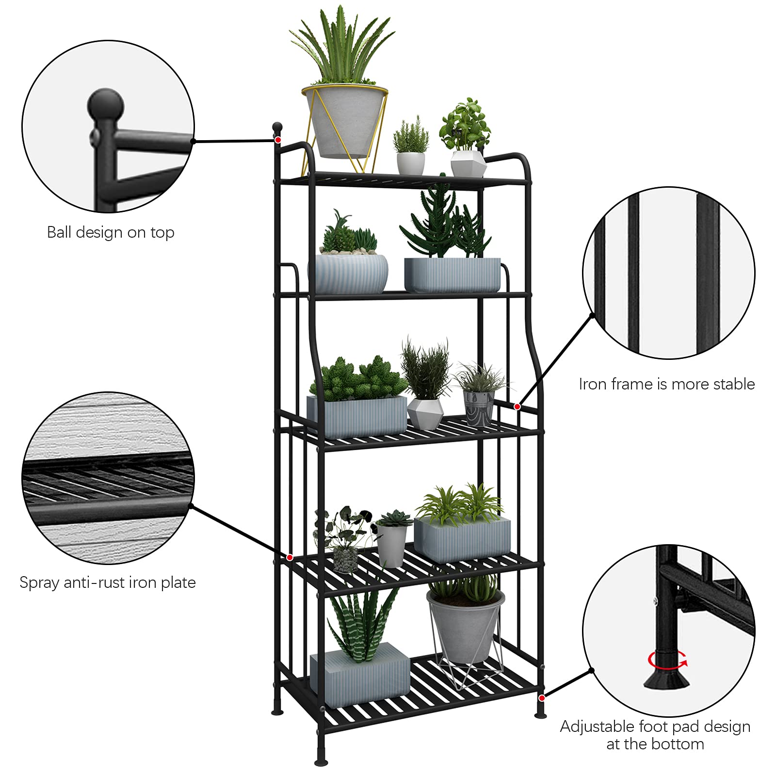 5 Etagen Metall Pflanzenständer, Moderne Blumentopfhalterung mit Stahlrahmen, Lagerregal Innen Außen, Arbeitszimmer Home Organizer Regal für Bad Küche Schwarz