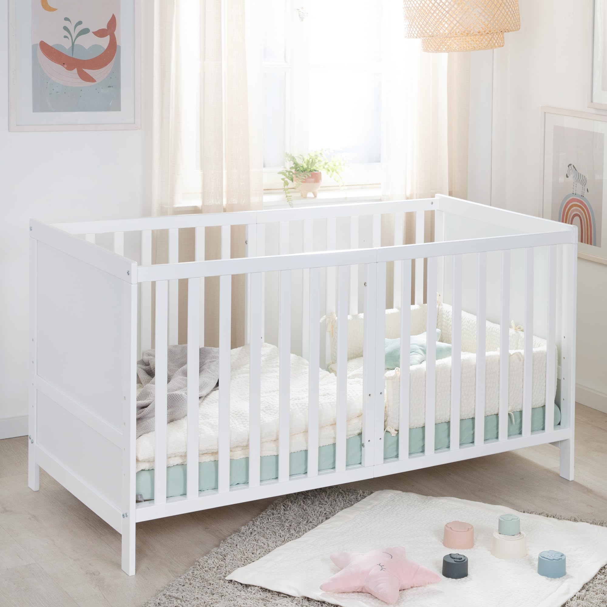 roba Lit Évolutif 70 x 140 cm Easy Sleep - Convertible en Canapé ou Lit Enfant - Jusqu'à 7 Ans - Hauteur Réglable - Coins de Conversion Inclus - 3 Barreaux Amovibles - Blanc