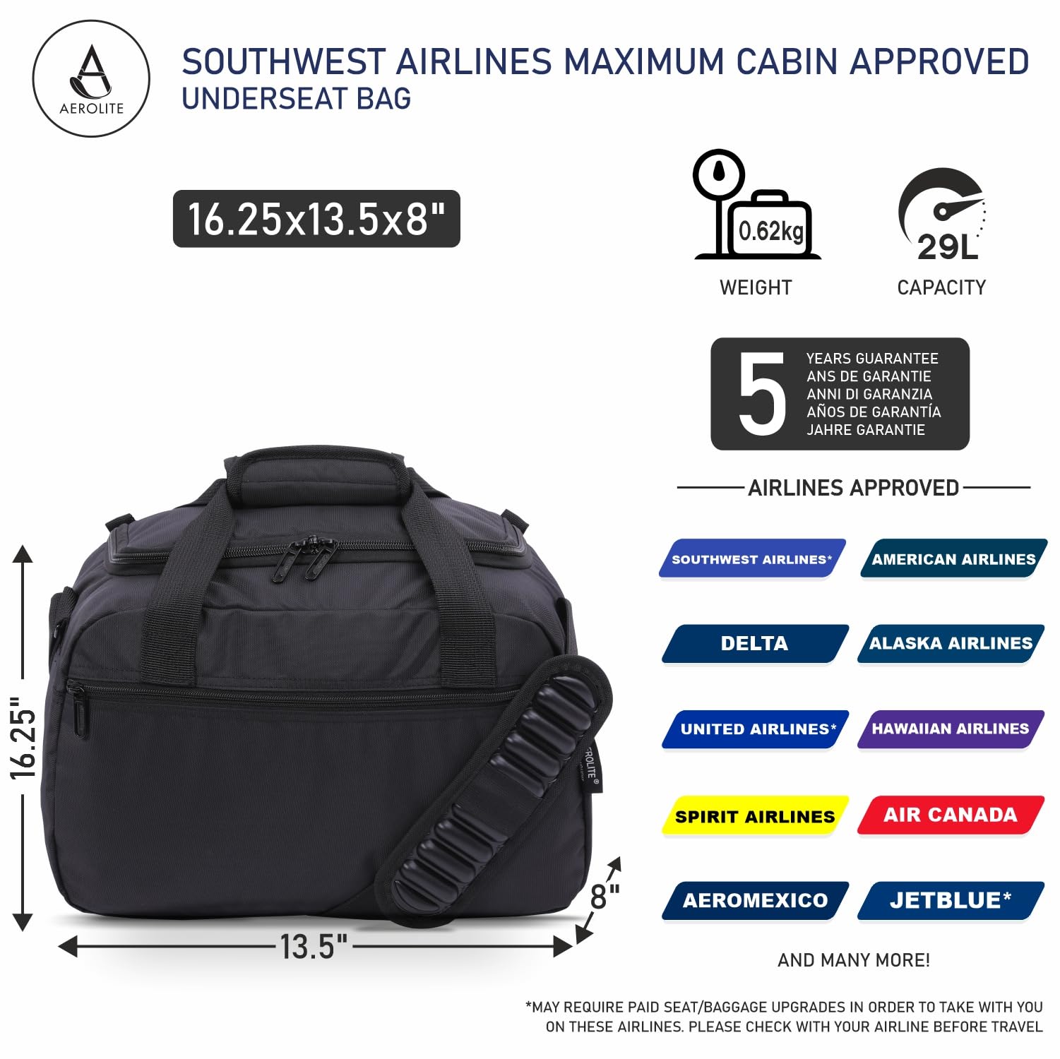 Aerolite 16.25x13.5x8” Southwest Airlines Maximum Size Cabin Bags with 5 Year Guarantee Foldable Carry On Premium Bag Holdall Small Lightweight Cabin Luggage Under seat Flight Travel Duffel Bag,