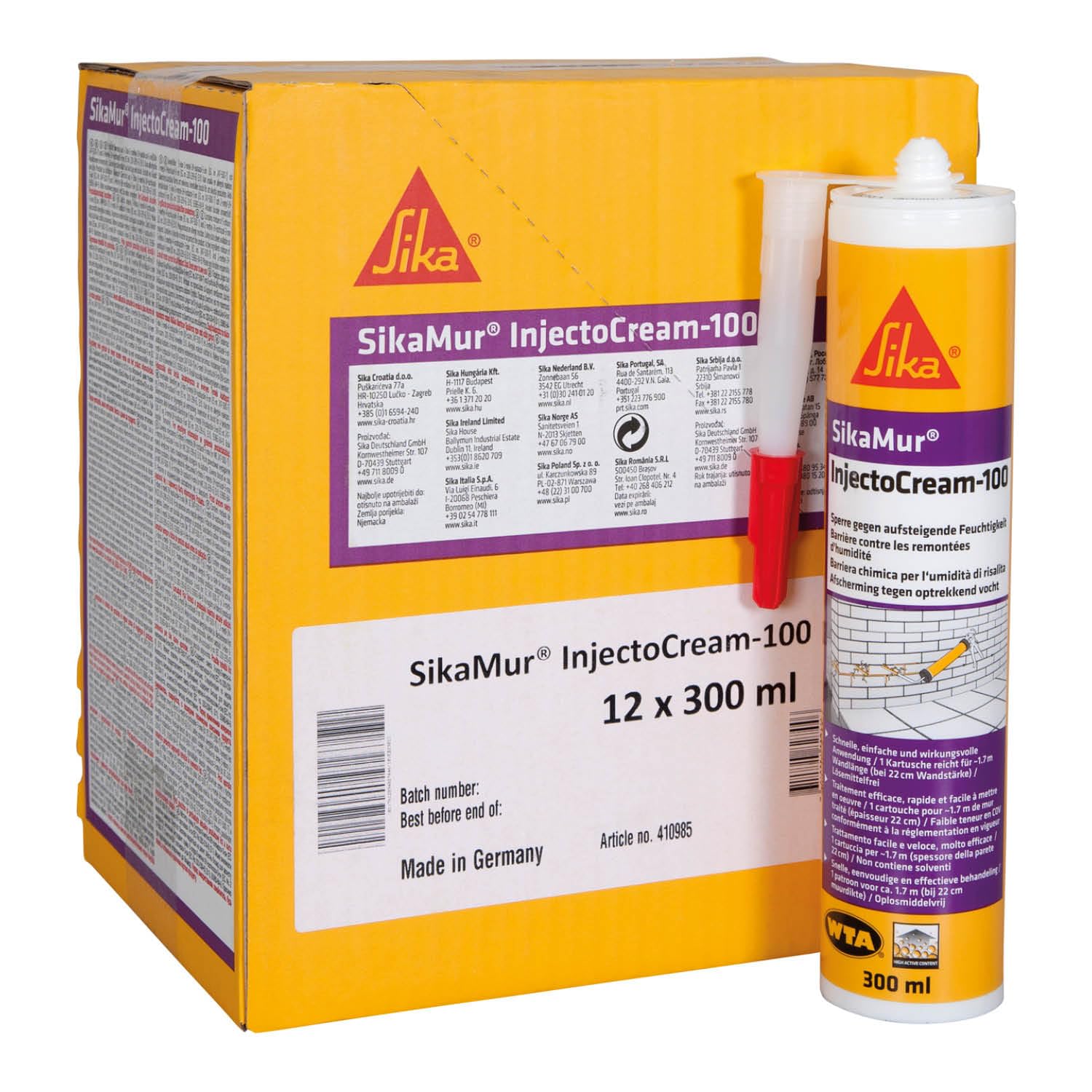 SikaMur InjectoCream 100 stopper humidité et moisissure bas de mur carton 12 pièces