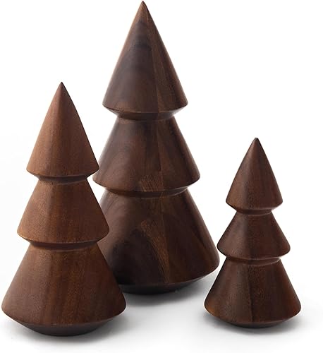 Nambe Trío de árbol de madera  Juego de 3 mini figuras de árboles de Navidad  Mini figuras de árboles de Navidad  Figuras de 10, 8 y 6 pulgadas