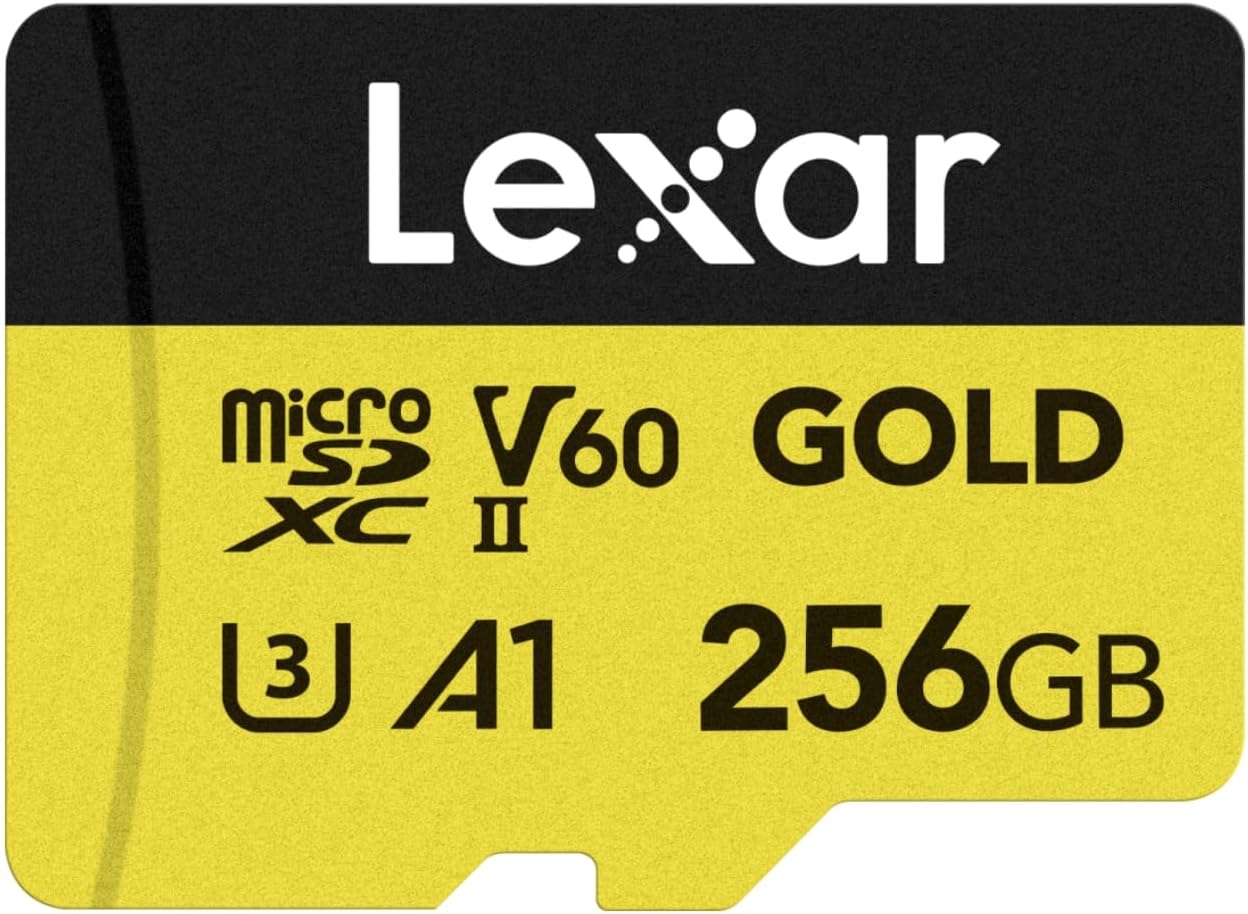 Lexar GOLD 256GB Micro SD Card, microSDXC UHS-II Flash Memory Card, V60, U3, A1, C10 microSD Card, Up to 280MB/s Read, TF Card for Drone/Action Camera/UHS-II Portable Gaming Device (LMSGOLD256G-BNNNG)