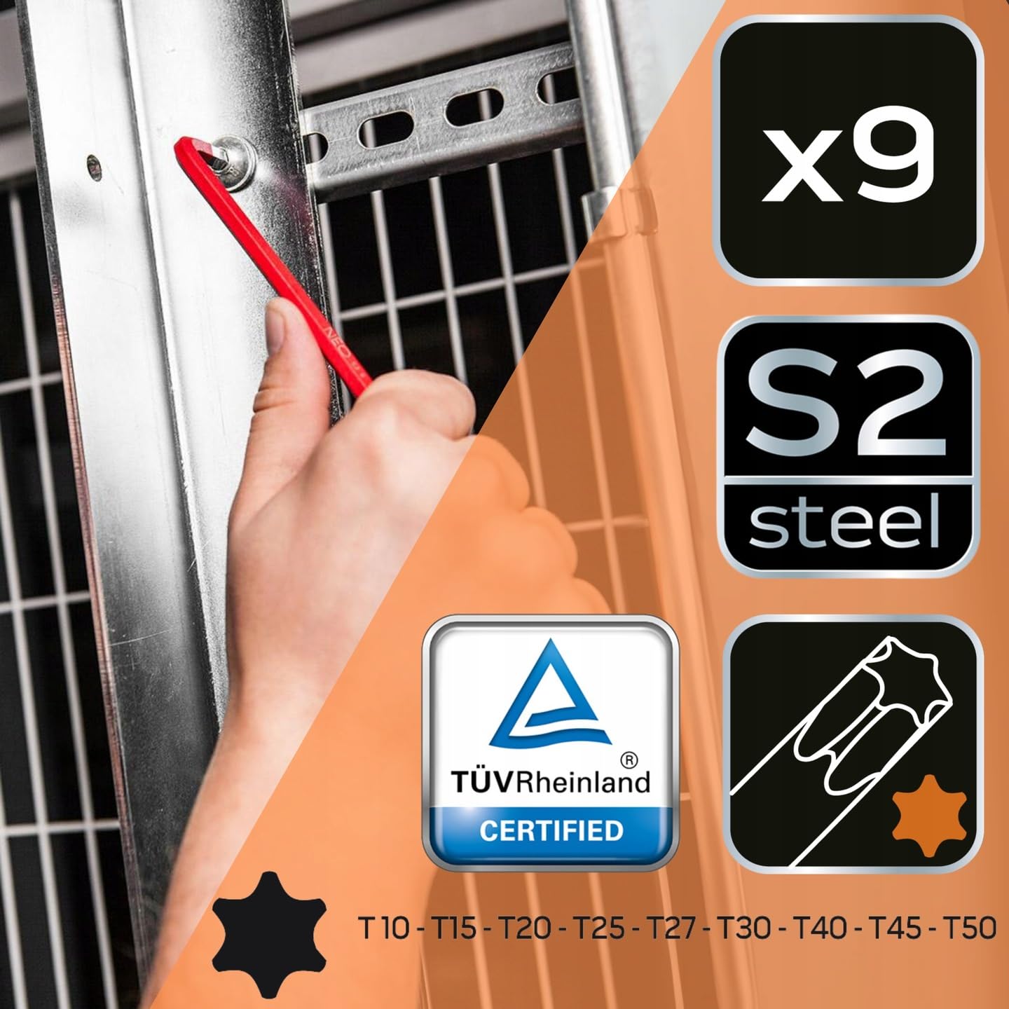 NEO TOOLS Innensechskant Satz 18tlg | Torx T10 -T50 und Hex 1,5 mm - 10 mm | Multicolour Innensechskant aus S2 Stahl | Lang Winkelschlüsselsatz mit Kugelkopf - Set in Kunststoffclip