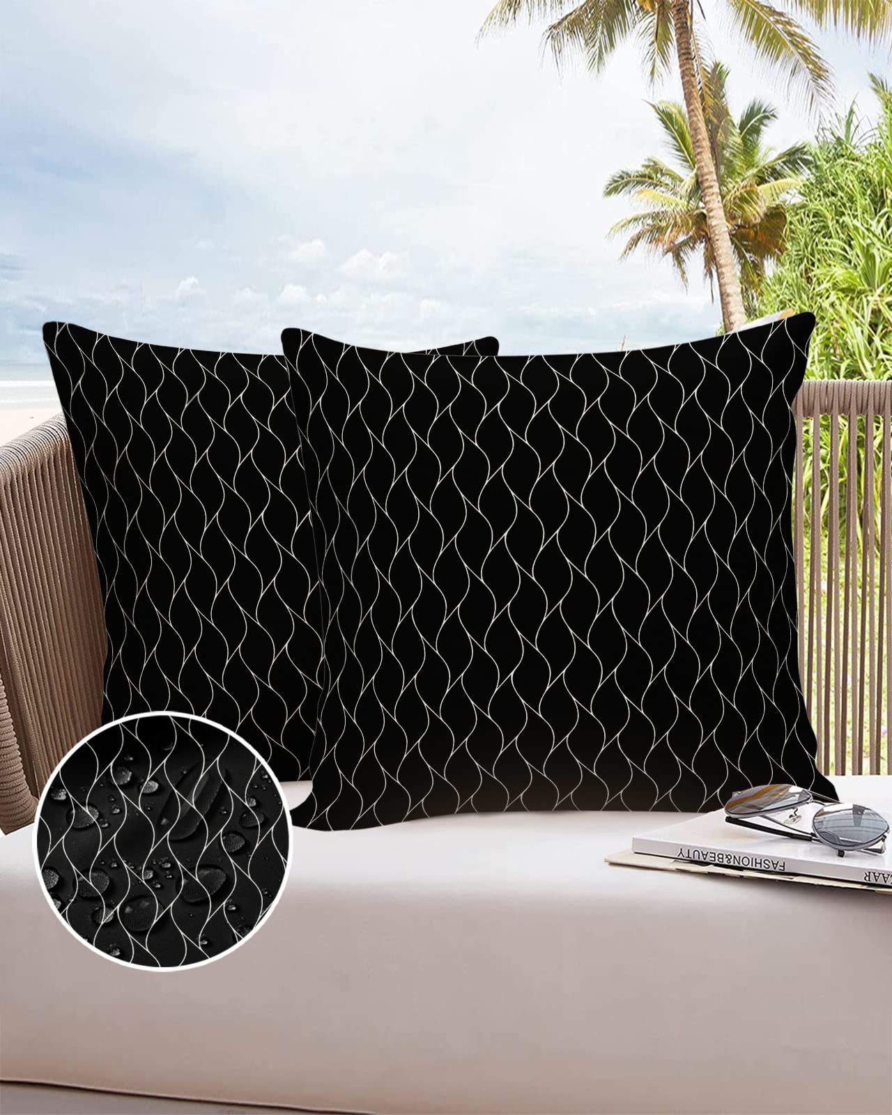 Outdoor Pillow Covers Waterproof, Black Gold Wave Abstract Art Foil Print Pattern All Weather Cushion Case Set of 2, White Thin Line Decorative Pillowcases for Sofa Bed Decor Patio Furniture 26