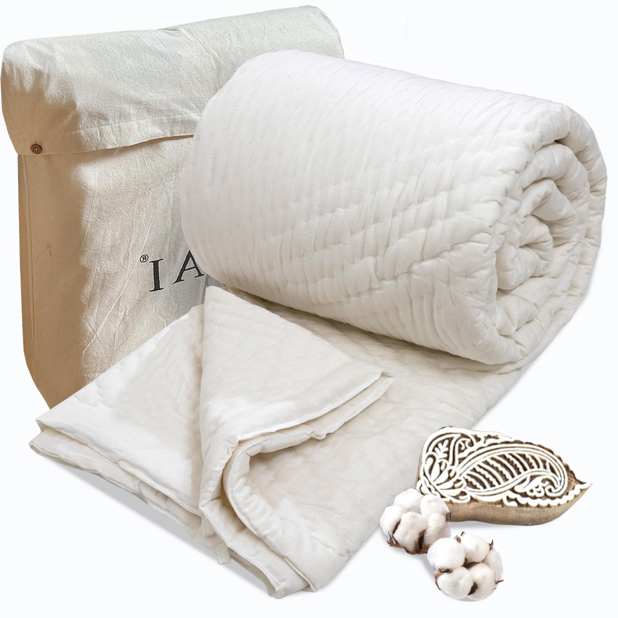 TOAIArt Jaipuri Quilt | Lightweight Comforter/Razai/Rajai | Hand Quilted | Block Printed Reversible 3 Layer| Premium Mulmul Cotton| Cotton Wool Filling| King Size 108” X 90” |While Solid-image-10