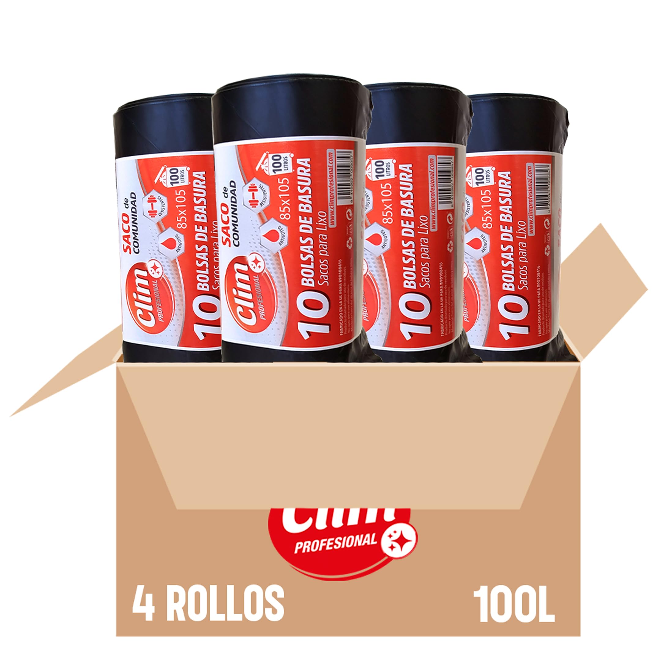 Clim Profesional 40 Bolsas Basura Resistentes 100 Litros. Color Negro. 4 Rollos de 10 bolsas. 40 Sacos de Bolsas de Comunidad 850x1050 mm.