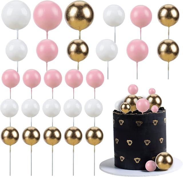 Gyufise 30Pcs Mini Balloon Cake Topper Foam Ball Cake Picks Cupcake Faux Pearl Balls DIY Cake Insert Topper Baking Decoration for Anniversary Graduation Birthday Party Baby Shower White Pink Gold