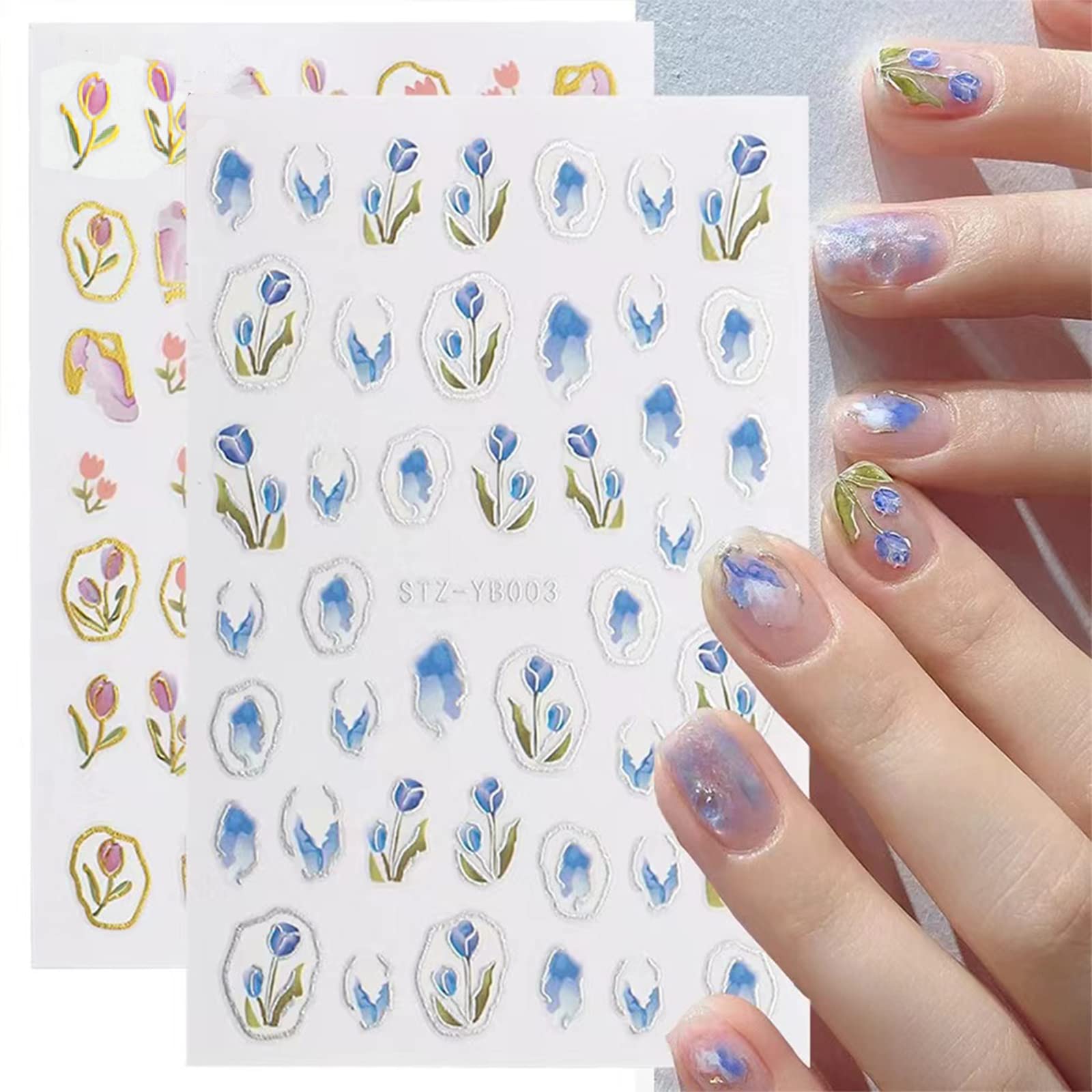 Diduikalor 6 Sheets Flower Nail Art Stickers, Self-Adhesive Nail Stickers Spring Nail Decals for Women Girls Kids on Nails Décor Design Accessories