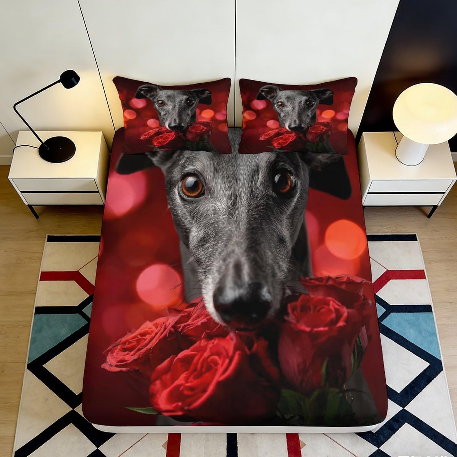 3D Printed Rose Greyhound Fitted Sheet Microfiber Deep Pocket Non-Slip Bedding Set Rose Dog Mattress Fitted Cover for Adults Bedroom 160x200x25cm