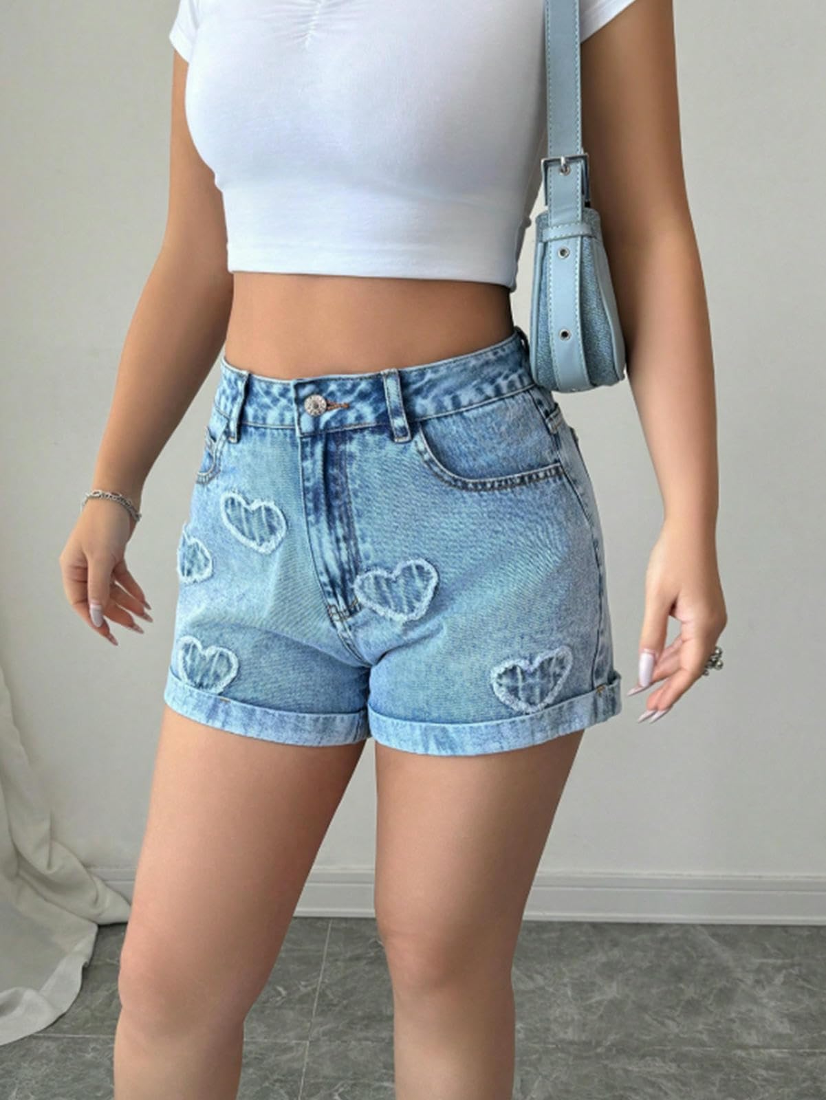 Spodnie jeansowe z otworami denim, szerokie nogawki, luźne, elastyczna talia, krótkie letnie kieszenie