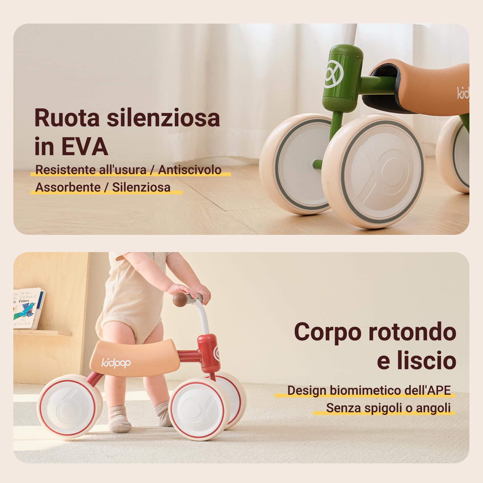 kidpop Big Bee Baby Balance Bike (unisex), quattro ruote per bambini dai 1 ai 2 anni, regalo per il primo compleanno, la prima bicicletta per i più piccoli
