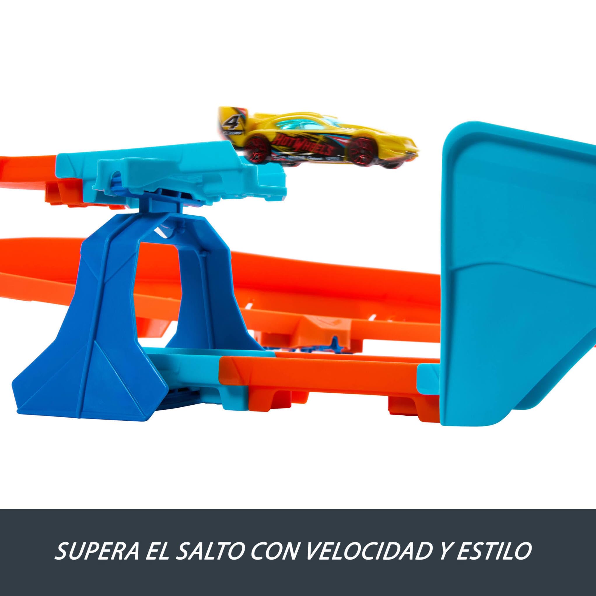 Hot Wheels Circuito Supersalto Conjunto de pista con coche de juguete, caja de construcción exclusiva con propulsor motorizado, vehículo a escala 1:64 y pista Speed Snap, JDB49