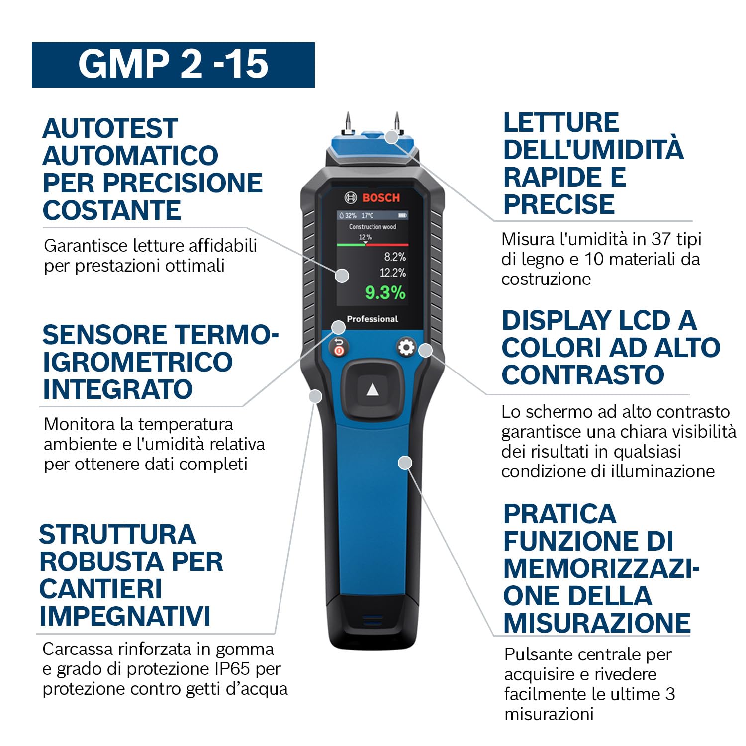 Bosch Professional Igrometro con pin di misurazione GMP 2-15 (misura 37 tipi di legno e 10 materiali da costruzione, termoigrometro integrato, IP65, 2 batterie AA, custodia)