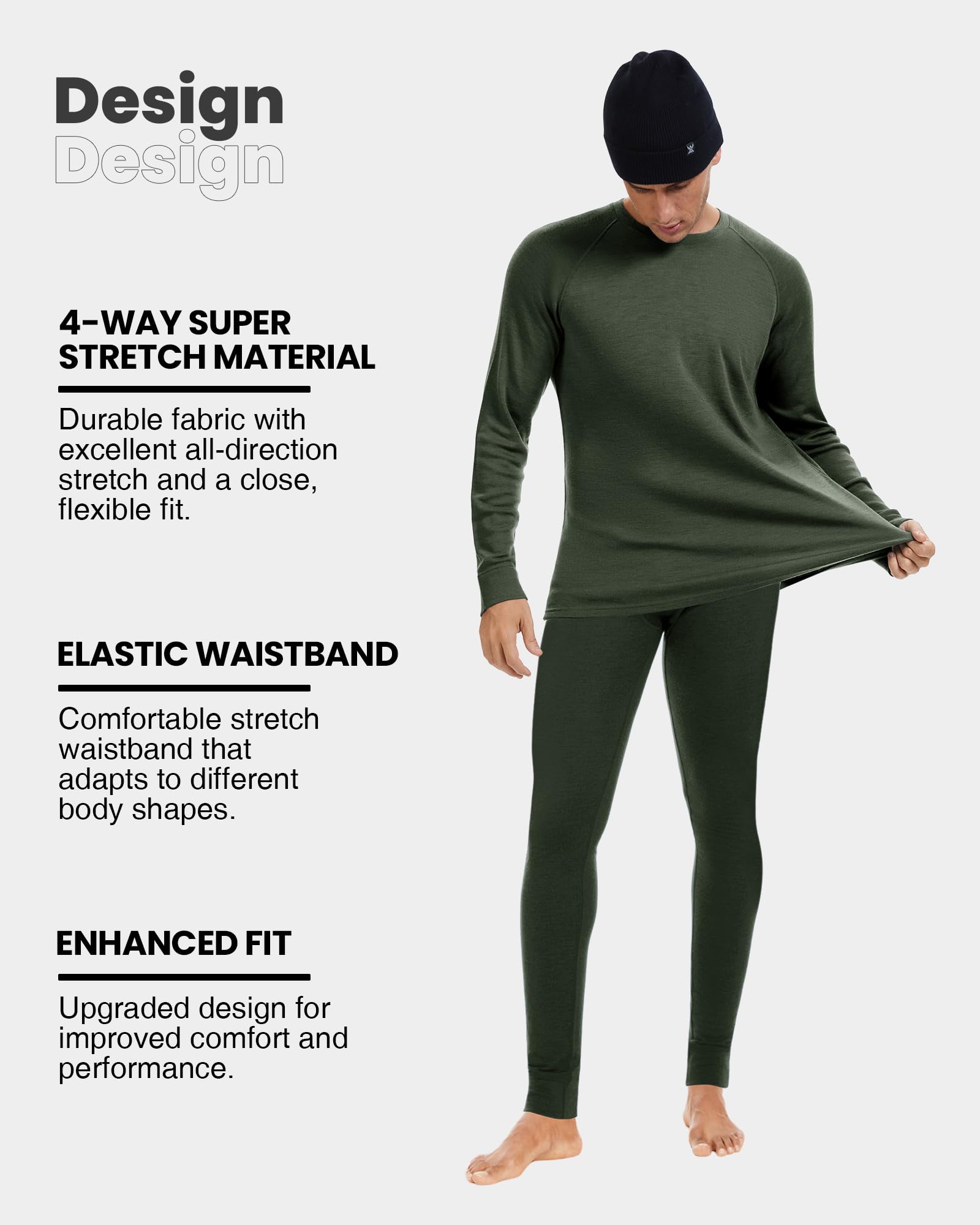 Herren-Unterwäschesets aus 100 % Merinowolle, leichte und mittelschwere Thermo-Unterwäsche, Geschenk-Set mit Wollmütze