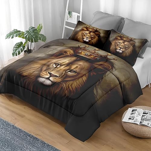 Miniatura 2 de Juego de edredón tamaño individual, juego de ropa de cama suave con diseño de león dorado para niños y adultos, juego de edredón marrón con diseño