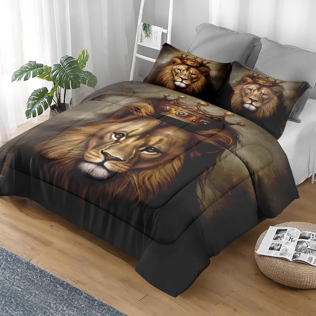 Pamnest Comforter Set Queen Size, King Lion Golden Soft 3 Pcs Bedding for Kids and Adults, Animal Painting Cat Comforter Set with 2 Pillowcases, for Bedroom Bed Decor