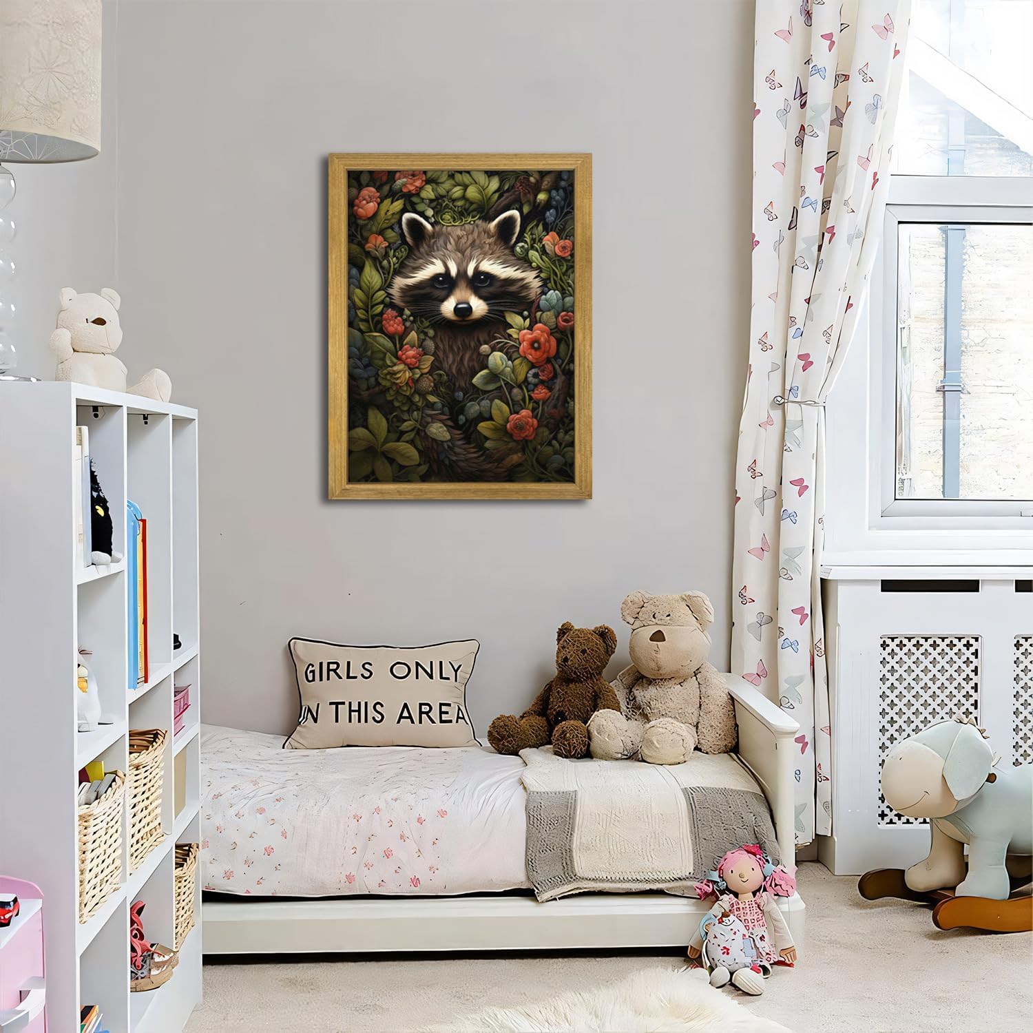 SAMHOU Framed 3D Textured Wall Art, Vintage Hand Drawn Sandstone Raccoon Wall Decor, Dark Academia Animal with Botanical Florals Paintings for Living Room Bedroom Bathroom Home Decor 16x24 inch Dark Gray Raccoon Framed 24"L x 16"W