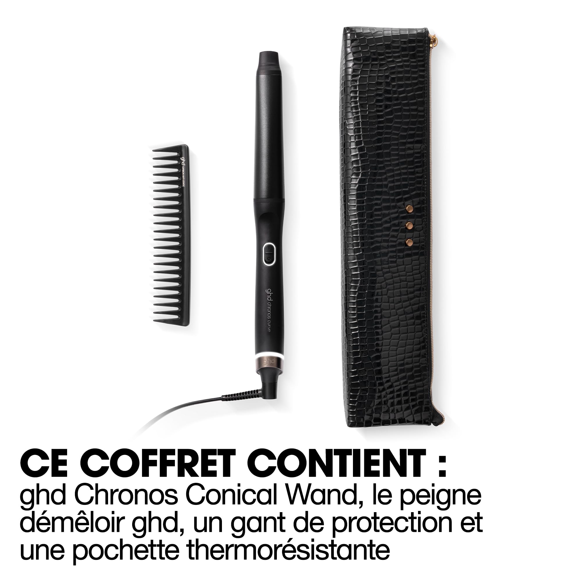 ghd - Coffret ghd Chronos Conical Wand - Boucleur cheveux (Noir) - Peigne et pochette inclus - Boucles naturelles, wavy facile - Coiffure 3x plus rapide, sans dommage - Toutes longueurs de Cheveux
