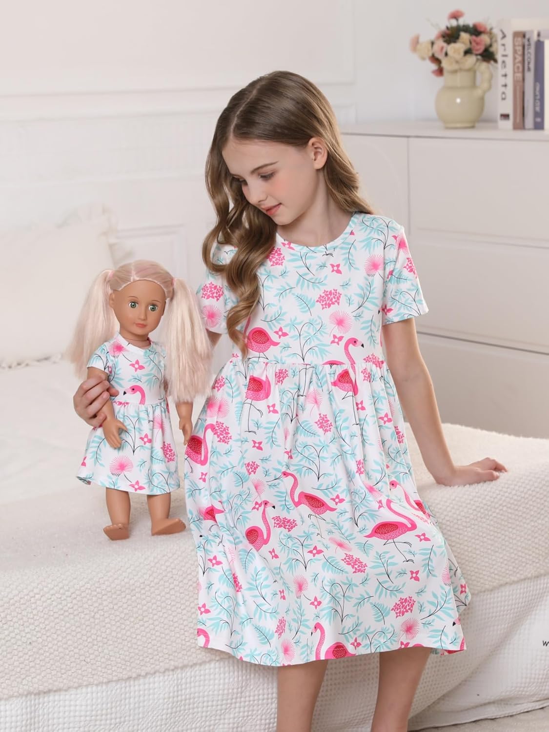 Bow Dream Toddler Girls Casual Dress for Girls Short Sleeve Cute Cartoon Kids Dress Party Birthday Flamingo - Image 5