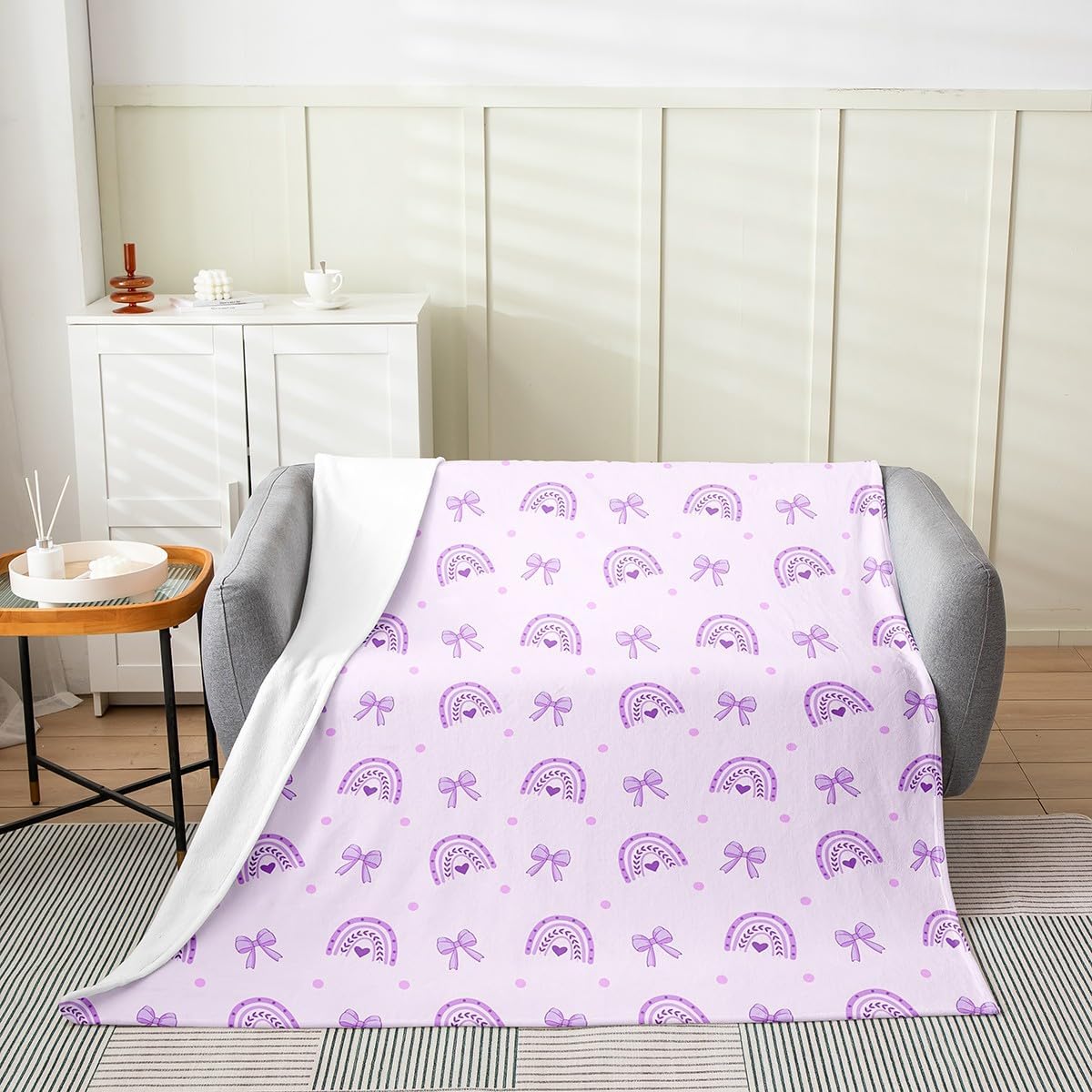 Cute Rainbow Fleece Blanket,Watercolor Purple Rainbow Sky Clouds Paint Bed Blanket for Kids Teens,Romantic Love Hearts Cartoon Flannel Blanket for Room Decor,Queen 90"x90"
