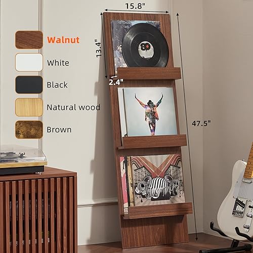 Miniatura 2 de LELELINKY Soporte para discos de vinilo de montaje en pared con área de visualización de 3 niveles, soporte de almacenamiento de discos de 47.5