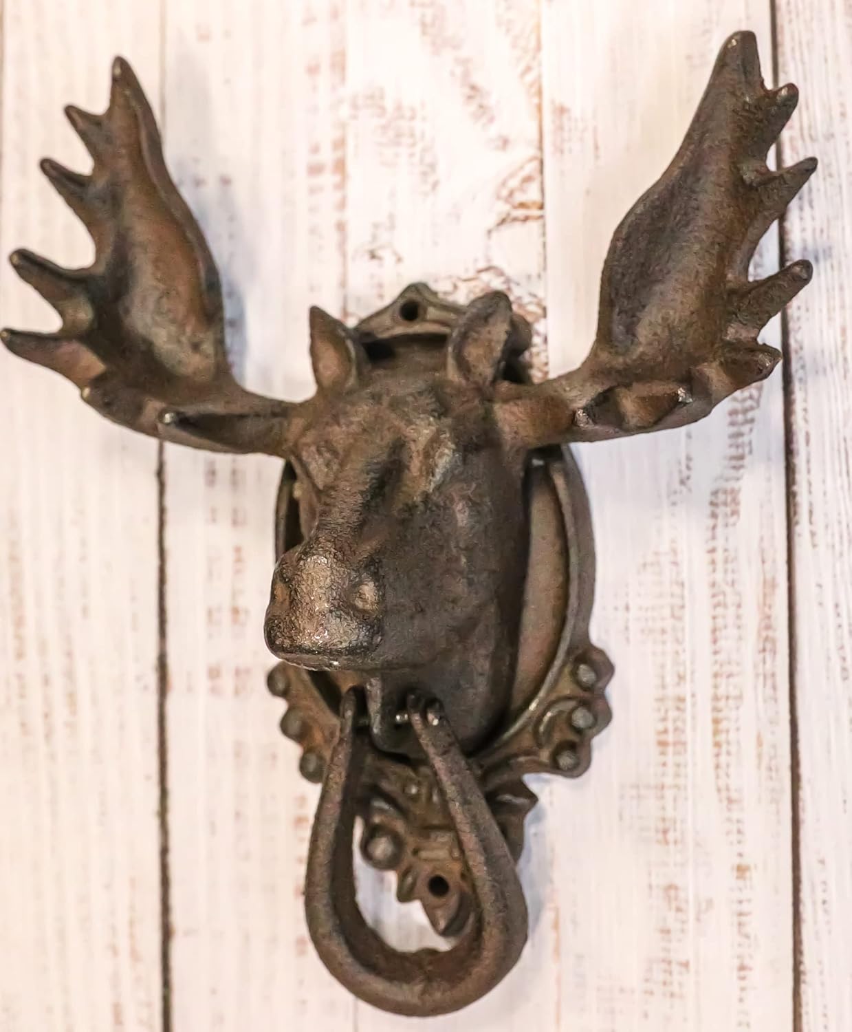 Ebros Gift Rustic Western Forest Horned Bull Moose Head Cast Iron Door Knocker 10" Tall Figurine Decorative Knockers Buck Deer Elk for Cabin Lodge Home Accent Decor Hardware