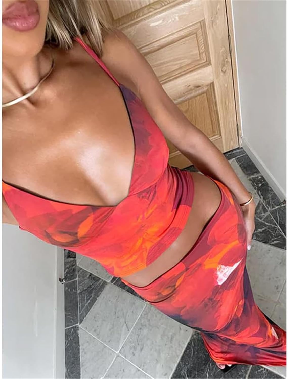 ksotutm Maxi Skirt Set Floral Print Halter Top Maxi Skirt Sexy Going Out Outfits for Women - Image 6