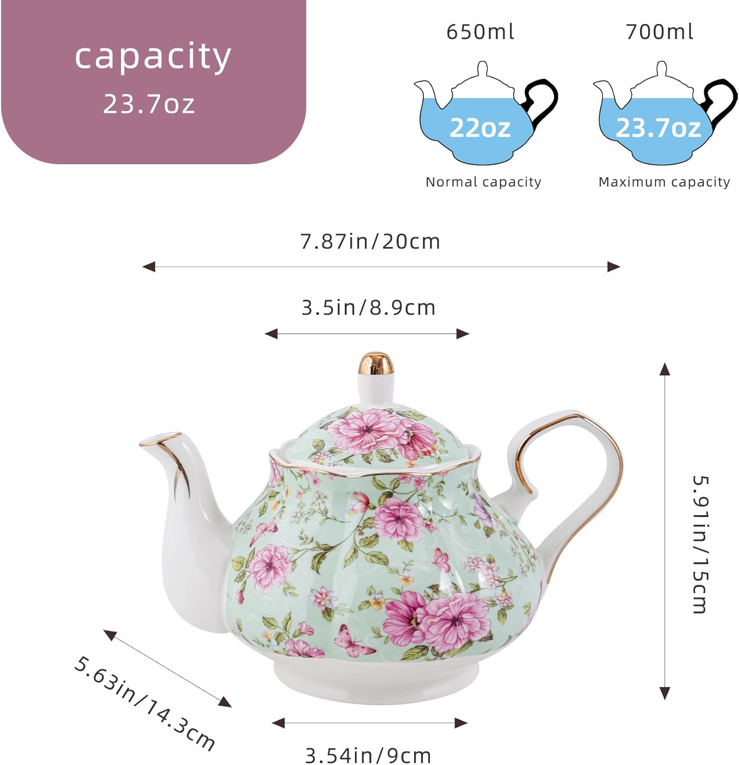Flower Ceramic Teapot,22oz Porcelain Tea pot for Tea Coffee Milk for Office Home Men Women as Gift (Green)