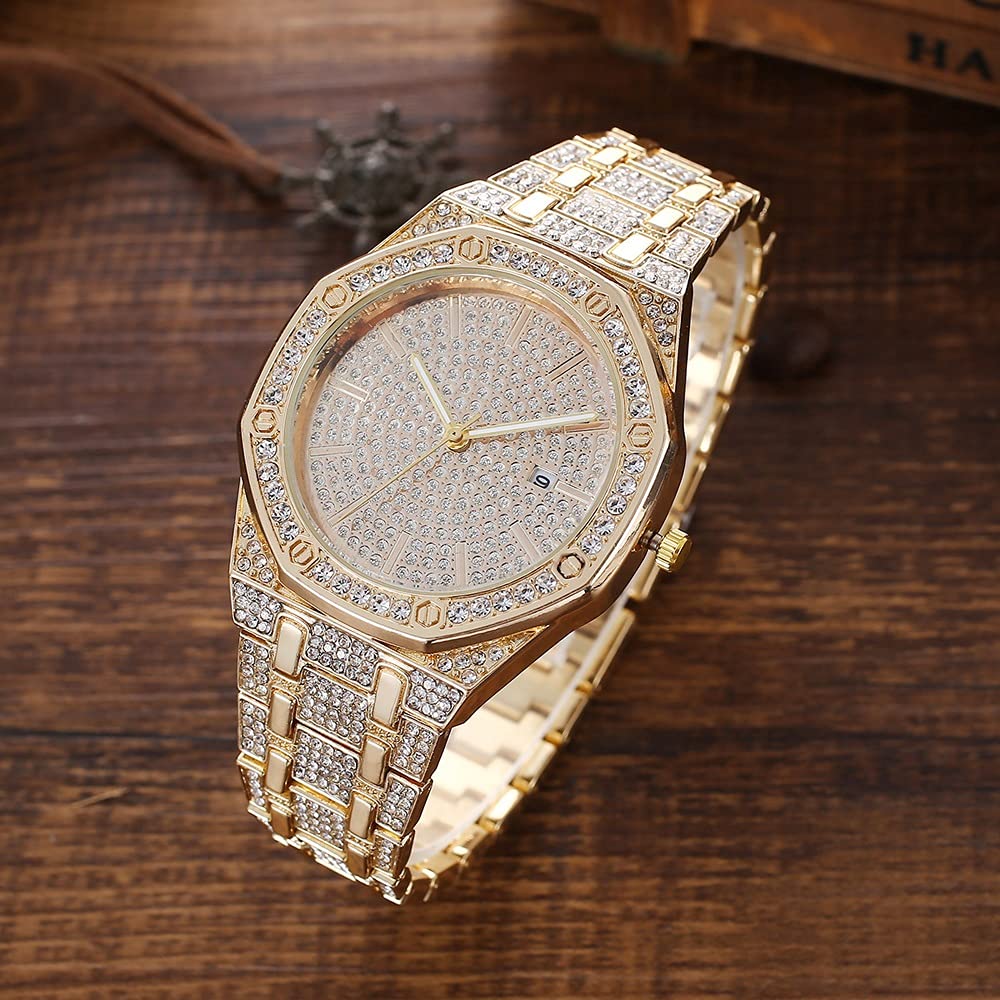 HMTE Confezione Regalo da Uomo 5 Pezzi Set Orologio da Uomo al Quarzo con Diamanti pieni Orologi Moda squisita Confezione Regalo Regalo Cintura Portafoglio