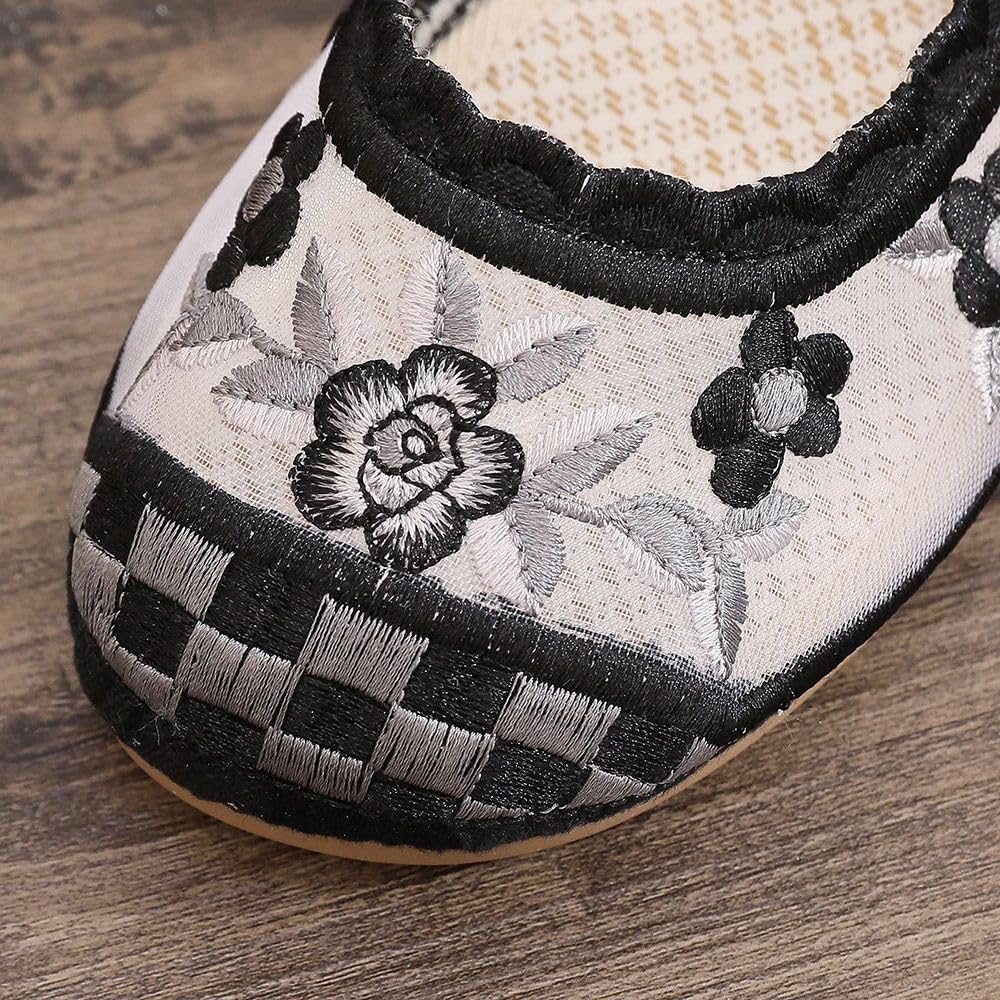JYHBHMZG Vintage Bestickte Damen Gaze Mesh Knöchelriemen Ballettflats Schwarz Sommer Bequeme Kühle Gehschuhe