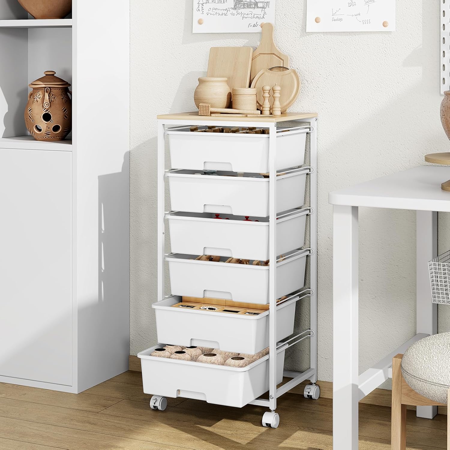 Rolling Storage Cart with 6 Drawers and Wooden Tabletop, Lockable Wheels Utility Cart for Art Studios, Office Supplies & Craft Room Organization (White) - Image 8