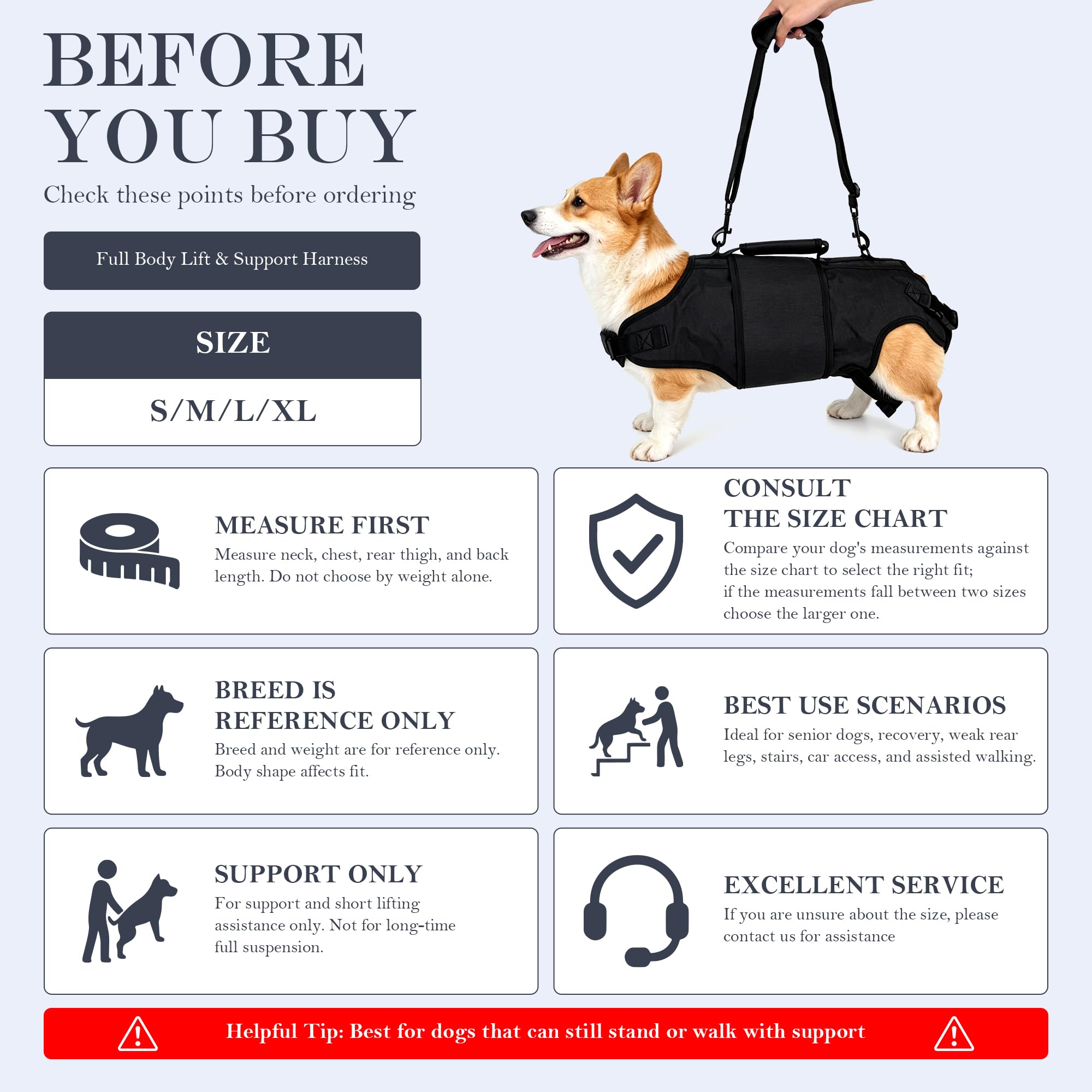 Arnés de cuerpo completo para perros mayores, tela Oxford, talla L