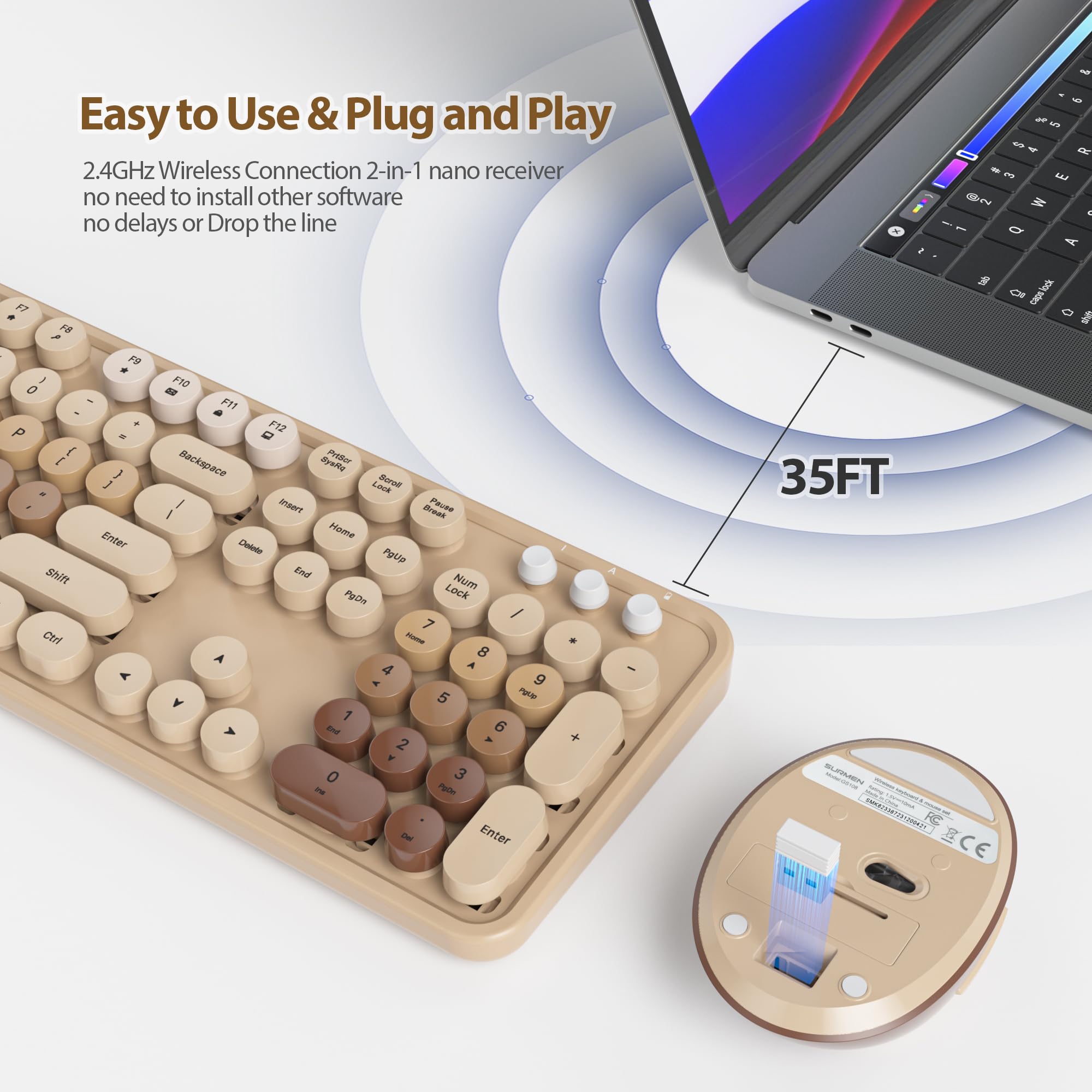 SOLIDEE kabellose Tastatur- und Maus-Kombination,Retro-Schreibmaschinen-Tastatur,2.4GHz runde Tastenkappe Tastatur mit Ziffernblock,104 Tasten ergonomische(Amerikanisch QWERTY)(Mixed Coffee)