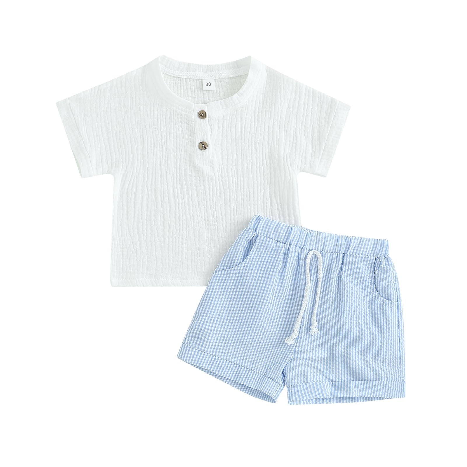 Geagodelia Conjunto de 2 piezas de algodón y lino, camisa de manga corta con bolsillo + pantalones cortos de cintura elástica (3 meses a 4 años)