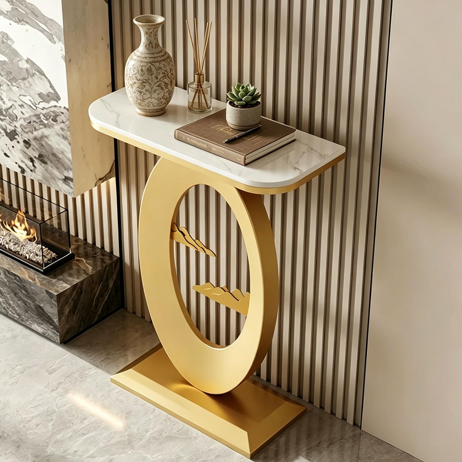 SIONDSTS Modern Marble Console Table with Metal Frame,Slim Entryway Accent Table,Small Narrow Sofa Table,Living Room End Table,for Hallway,Foyer,Entrance,Entryway,Gold A,50cm
