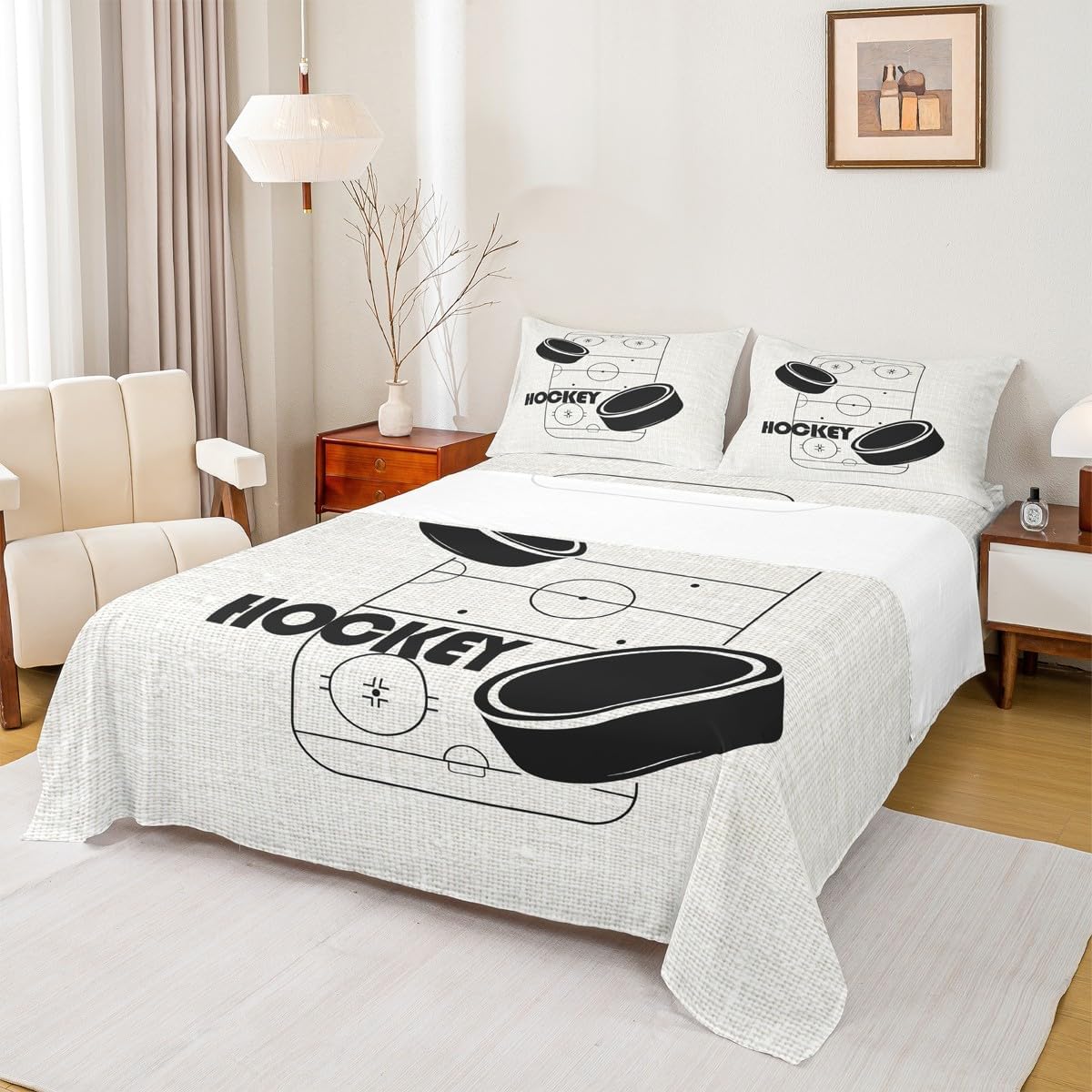 Erosebridal Hockey Twin Bed Sheets for Boys - Sports Theme Bedding Set for Kids Teen Girls, Ice Hockey Rink Puck Fitted Sheet Set 3 Piece, Ball Game Sheets Bedroom Decor