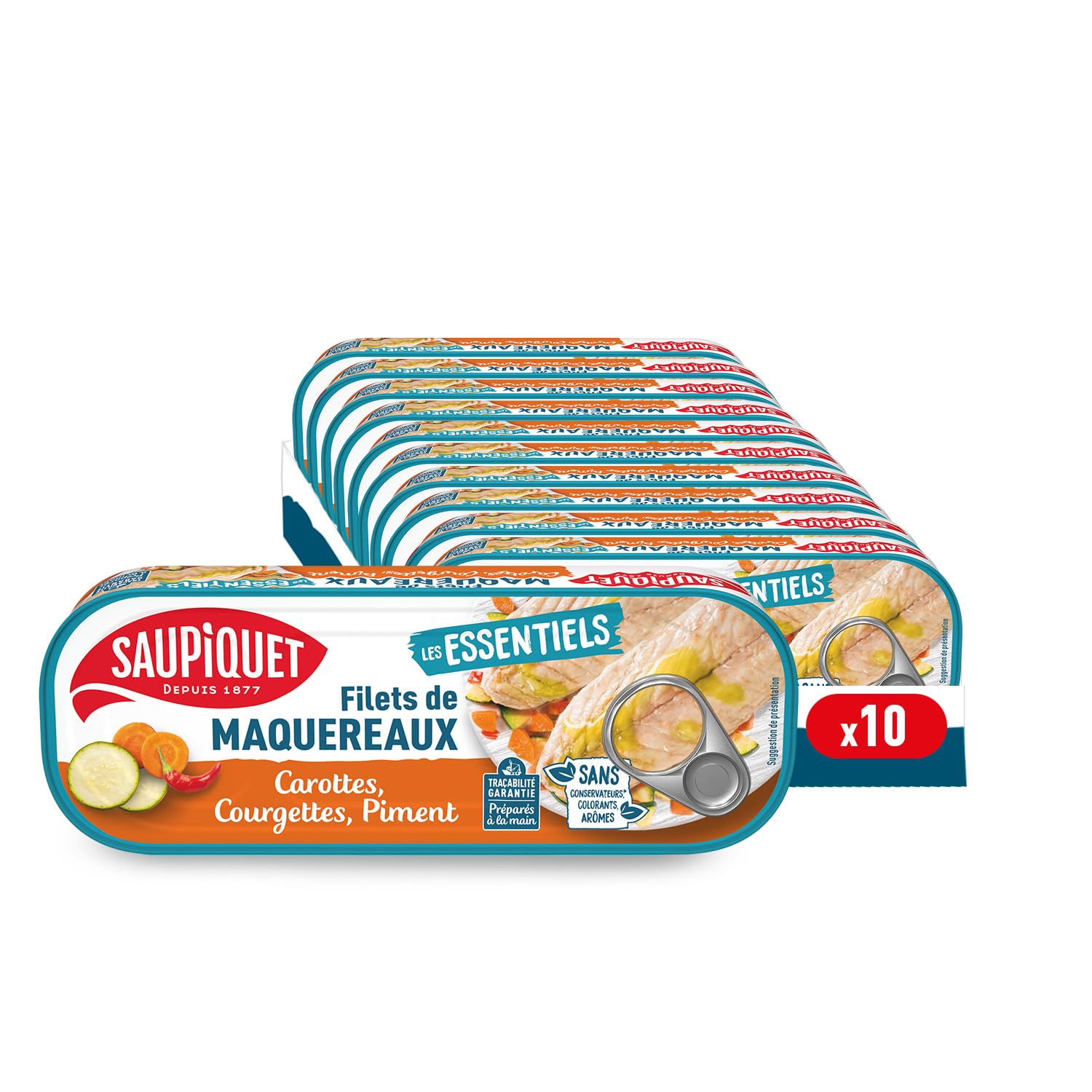 SAUPIQUET - Filets de Maquereaux Carottes, Courgettes et Piment - Riches en Oméga 3 - Issus d'une Pêche Traçabilité Garantie - 10 Conserves (120 g)