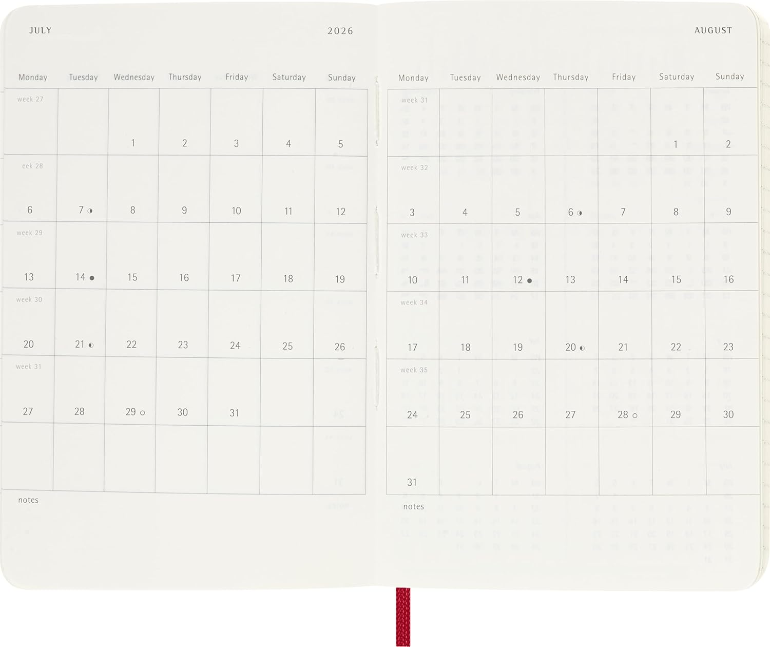 Moleskine Classic 12 Month 2026 Weekly Planner, Soft Cover, Pocket (3.5" x 5.5"), Scarlet Red, 144 pages