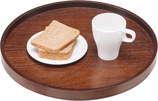 Extra Large Round Solid Wood Serving Tray, Classic Tea Coffee Table Wooden Decorative Ottoman Tray Server for Breakfast in Bed Snack Food Kitchen Party Bar, Raised Edge 16inch/40cm Walnut