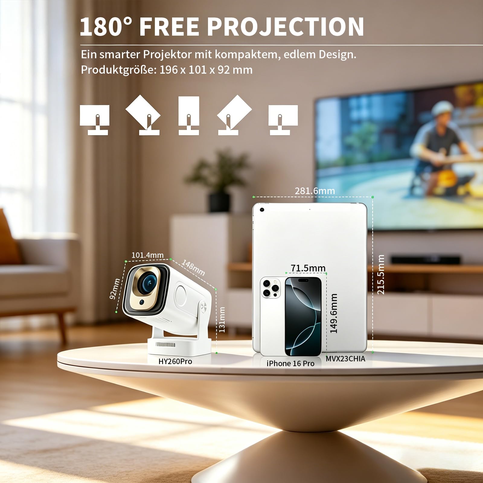 Mini Beamer 4K 1080P Unterstützt, Smart Projector WiFi 6 BT 5.4,Mini Projektor Automatische Trapezialkorrektur,Tragbarer Projektor für Zuhause und draußen,Beamer für HDMI/TV Stick/USB/Laptop,Weiß