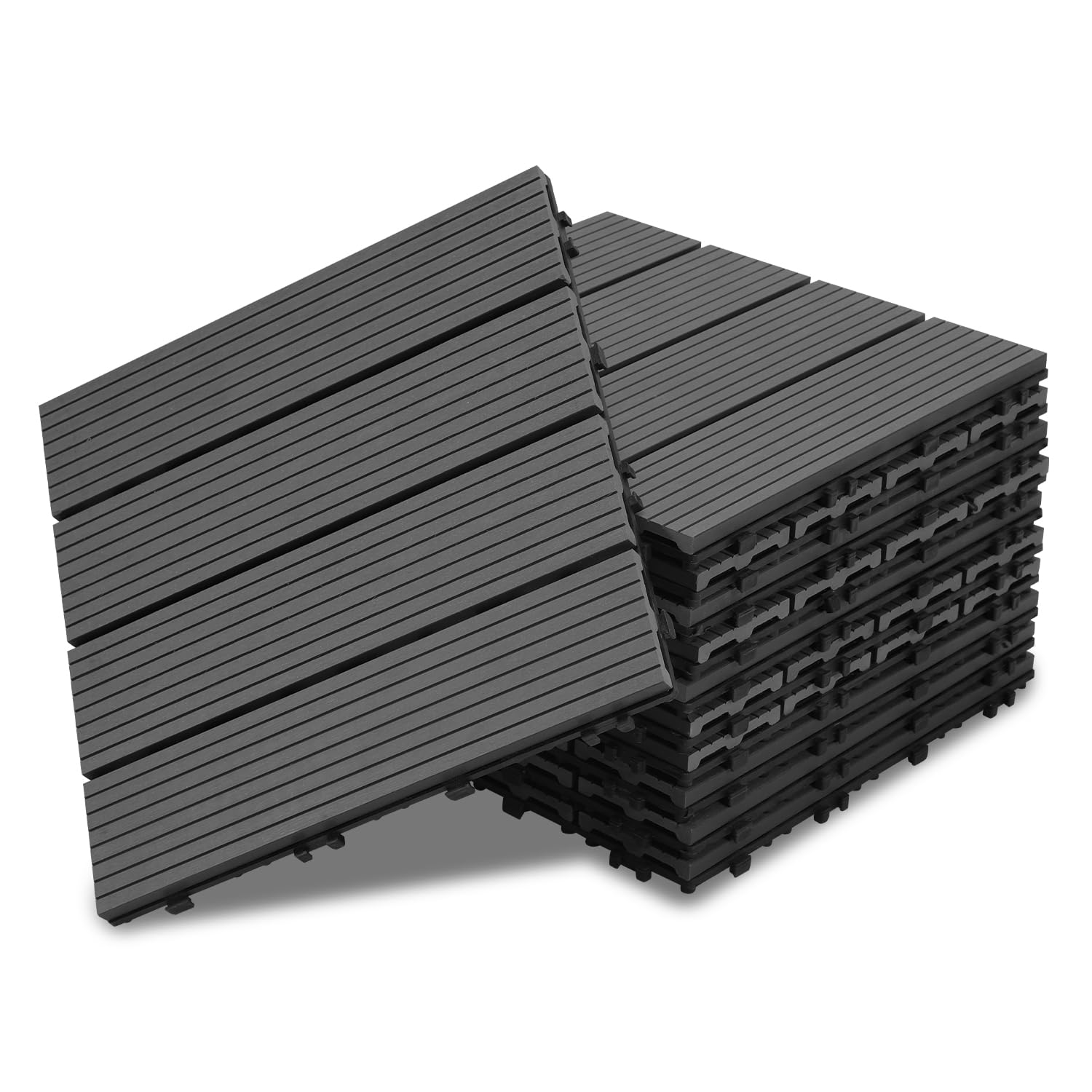 WPC - Lot de 55 dalles de terrasse en bois - 30 x 30 cm - Pour 5 m² - Aspect bois - Revêtement de sol de balcon avec système à clic - Lames étanches pour balcon et terrasse (anthracite)