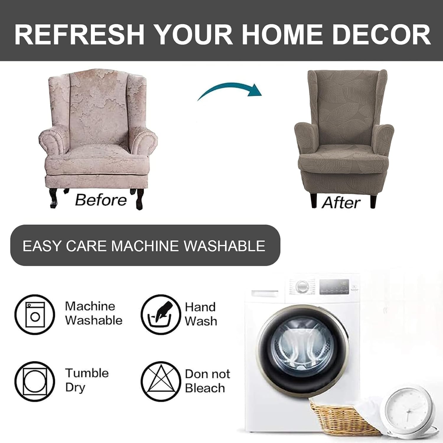Eco-Ancheng Wingback Chair Cover Wingback Chair Slipcover 2-Piece Wingback Sofa Slipcover Wingback Armchair Slipcovers Furniture Protector with Elastic Bottom for Living Room Bedroom Wingback Chair,58