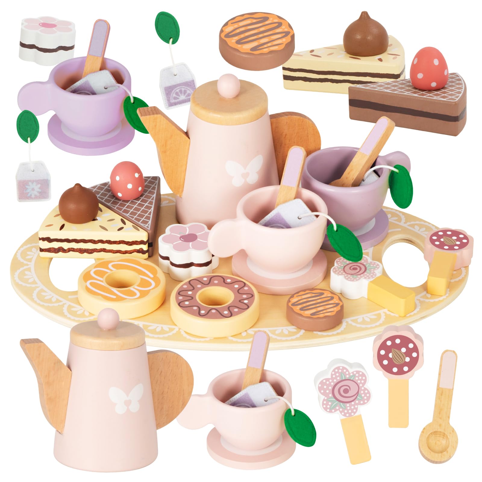 Nene Toys Holz-Teeservice für Kinder ab 2 Jahren – 18-teiliges Tee Set mit Teekanne, Tablett, Tassen & Süßigkeiten – Spielküche Zubehör, Montessori Rollenspiel, FSC® Holz – Geschenk 2–5 Jahre