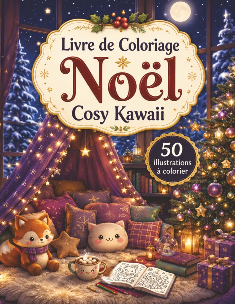 Livre de Coloriage Noël Cosy Kawaii: 50 scènes réconfortantes à colorier pour adultes et ados — cheminée, chocolat chaud, cadeaux et sapins lumineux