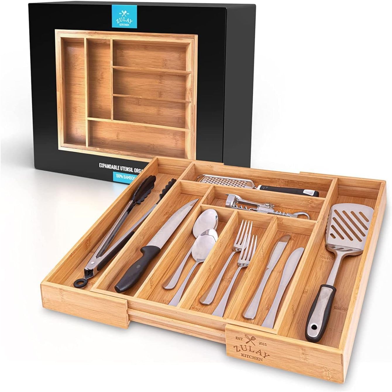 Zulay Expandable Bamboo Drawer Organizer - Adjustable Kitchen Drawer Organizer - Perfect Utensil Organizer For Silverware, Kitchen Knives, Flatware, and More