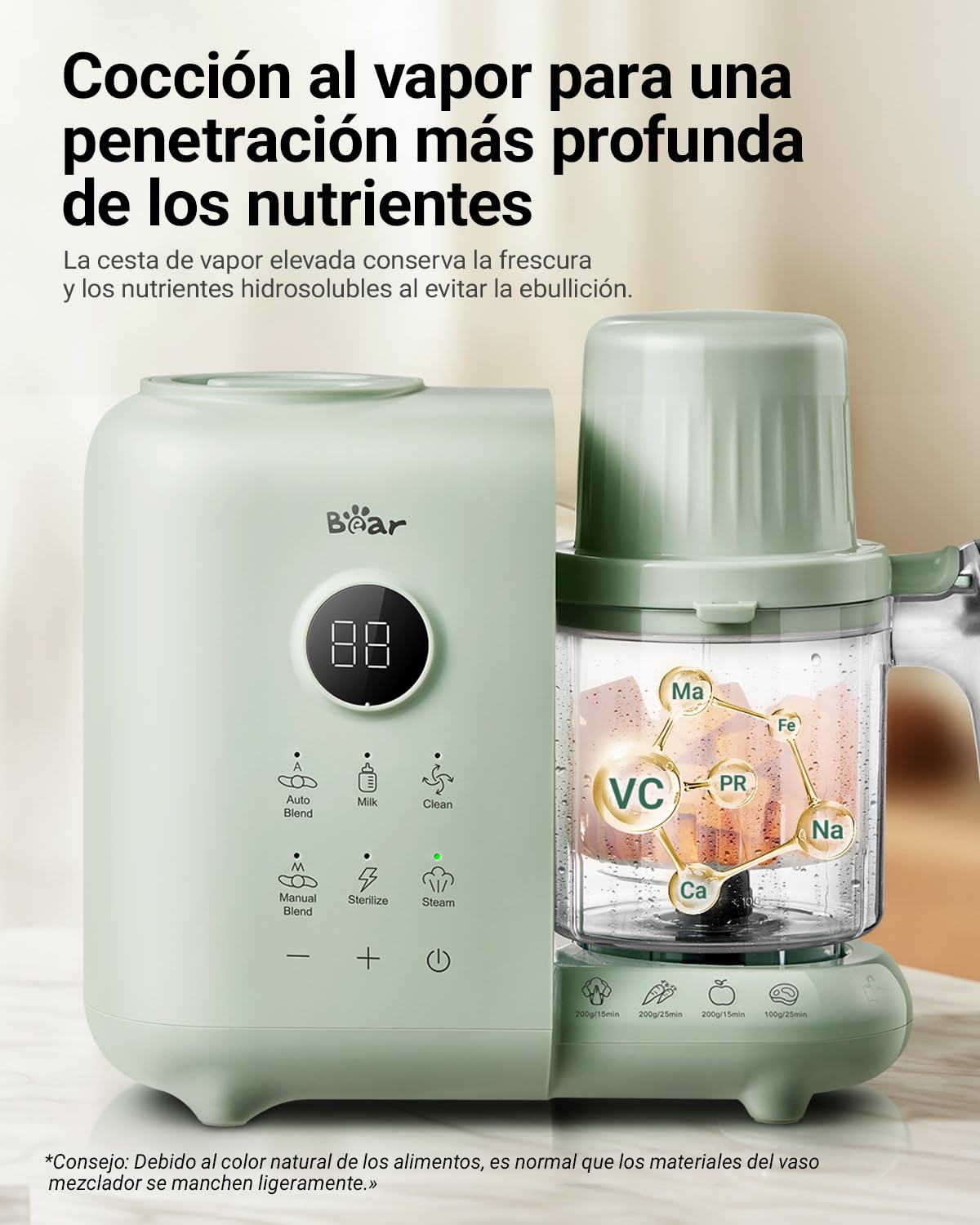 Bear Vaporera 6 en 1 con batidora premium para alimentos para bebés, vapor, agitación automática, calentamiento de leche, desinfección, función de autolimpieza, función de limpieza automática (Verde)