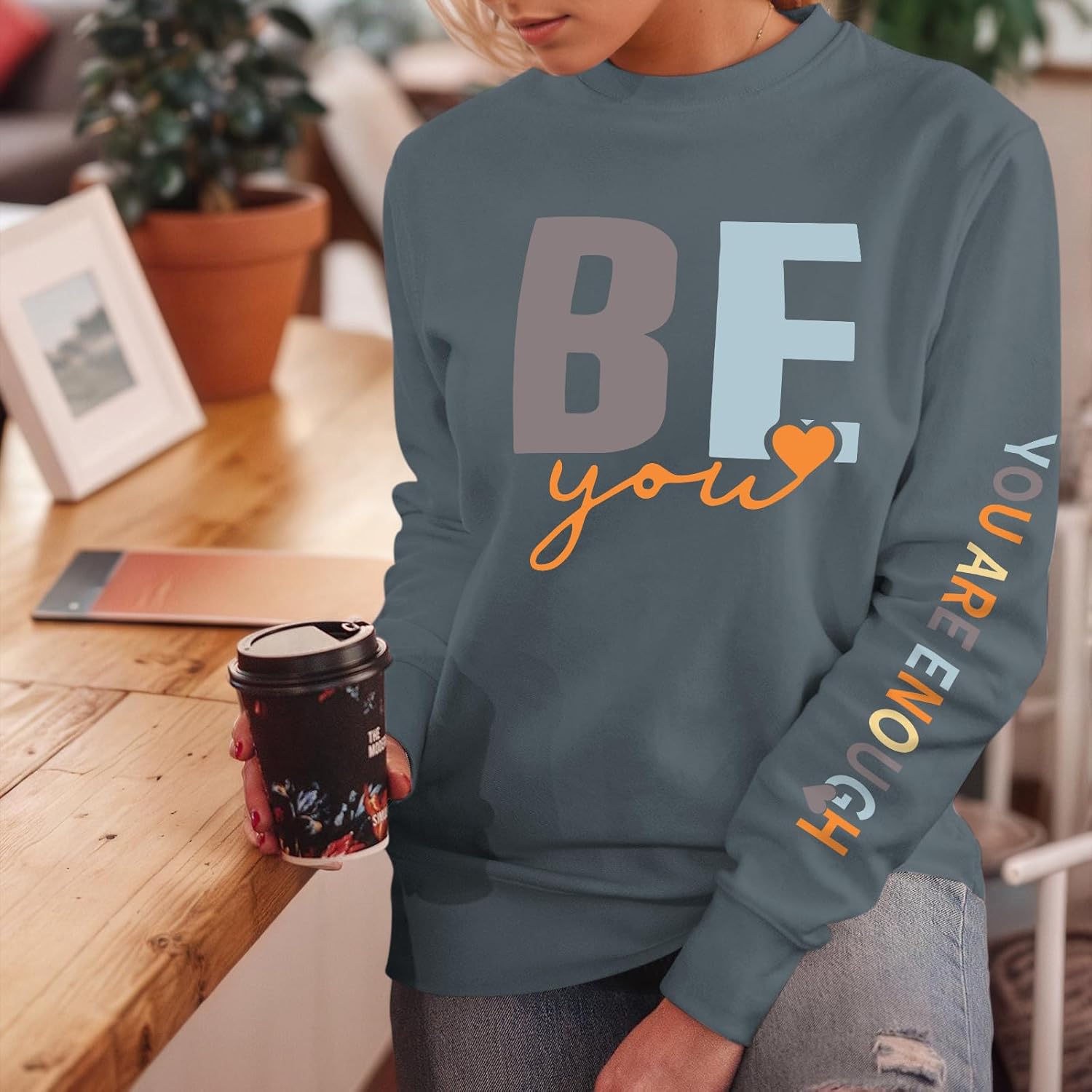 You Are Enough Crewneck Sweatshirt for Women Mental Health Awareness Pullover Inspirational Graphic Long Sleeve Tops - Image 5