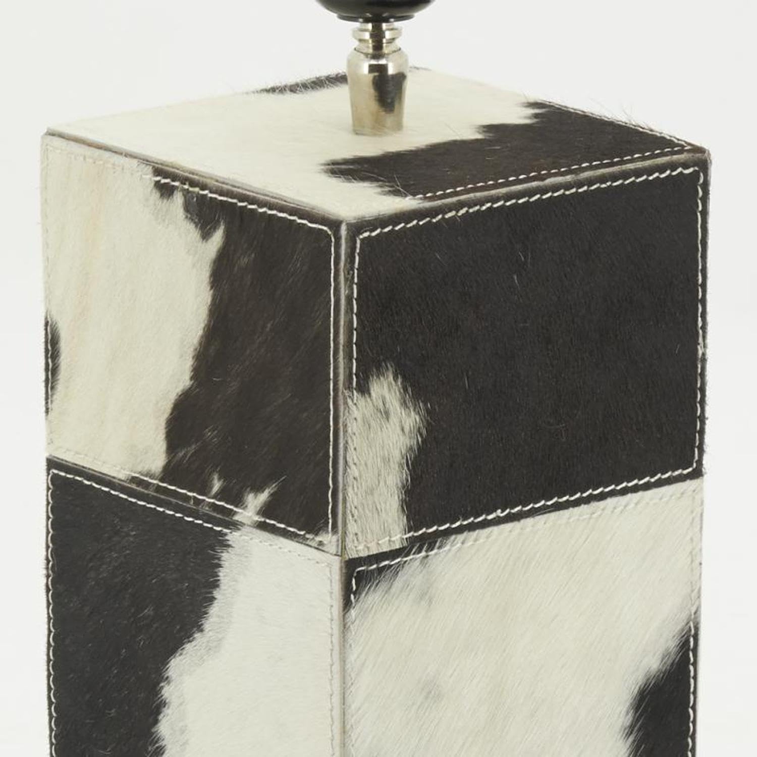 AUBRY GASPARD - Pied de Lampe Peau de Vache Noir et Blanc Medium - Carré - Ampoules E27-12x12x25 cm - Unique et Élégant - Idéal Décoration Intérieure - sans Abat-Jour