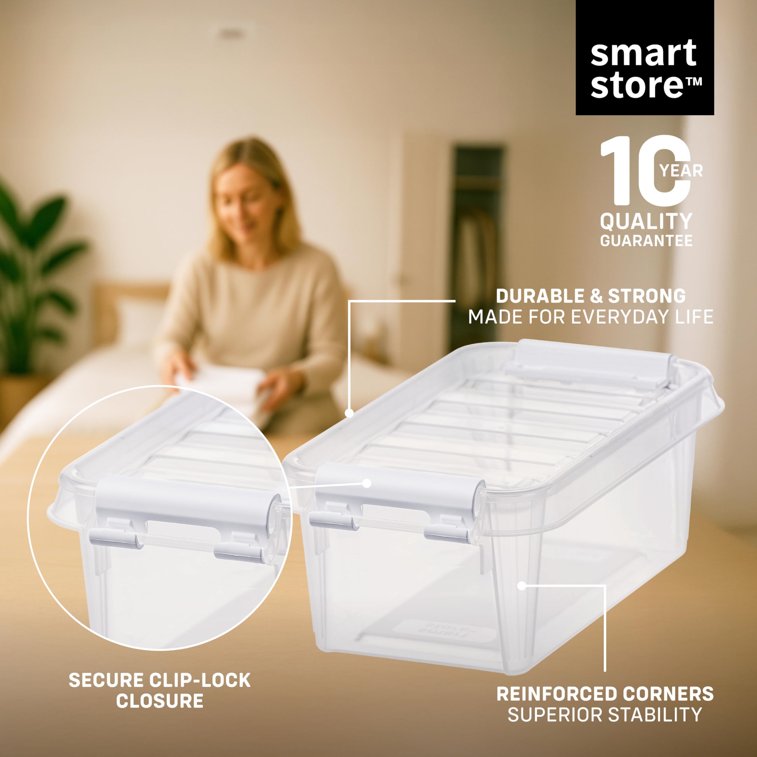 SmartStore Małe plastikowe pudełka do przechowywania 0,3 l z pokrywkami, zestaw 10 sztuk, przezroczyste, można układać w stos i gniazdować, bezpieczne dla żywności i bez BPA, zamykane na klips, dł. 15