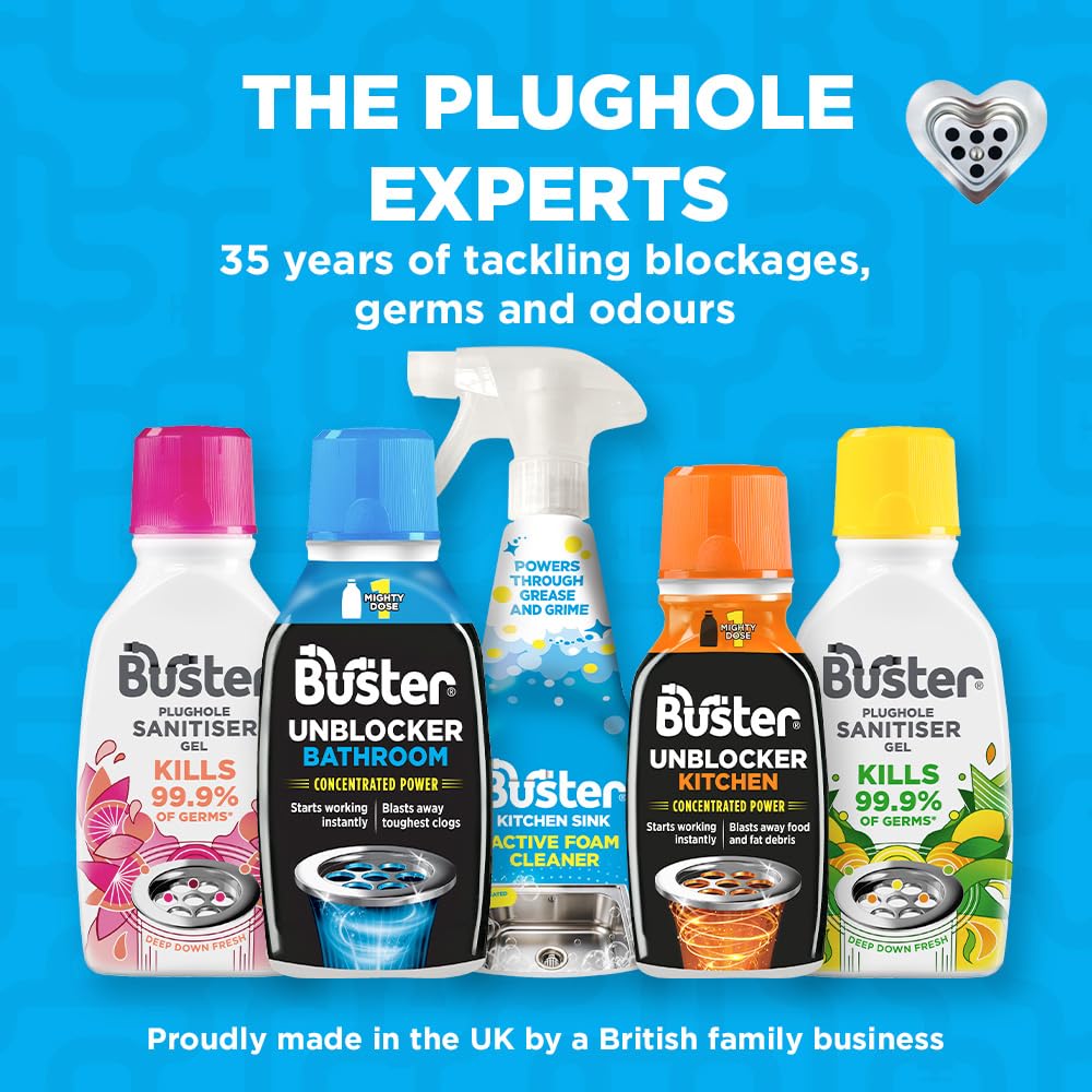Buster Bathroom Drain Unblocker (Pack of 2 x 300ml) Fast-Acting Sink Unblocker Dissolves Hair, Sludge and Soap, Drain Cleaner Clears Blockages in Shower, Bath and Bathroom Sink Pipes - Made in UK — view 7